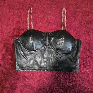 Black Leather Women's Top with Chain Straps